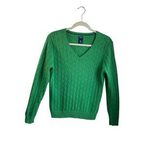 Izod Womens Sz Large Cable Knit Sweater Pull Over V Neck Green Preppy